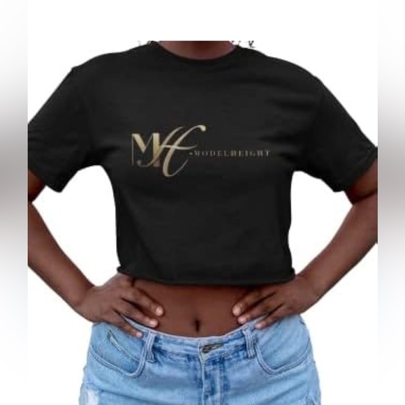 MODELHEIGHT Cropped Black and Gold Logo Women's T-Shirt - Picture 6 of 7